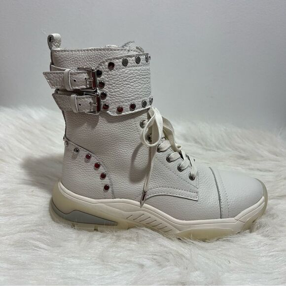 NWOB Revolve Sam Edelman White Leather Studded Moto/Combat Boot -- 7 - Picture 2 of 8